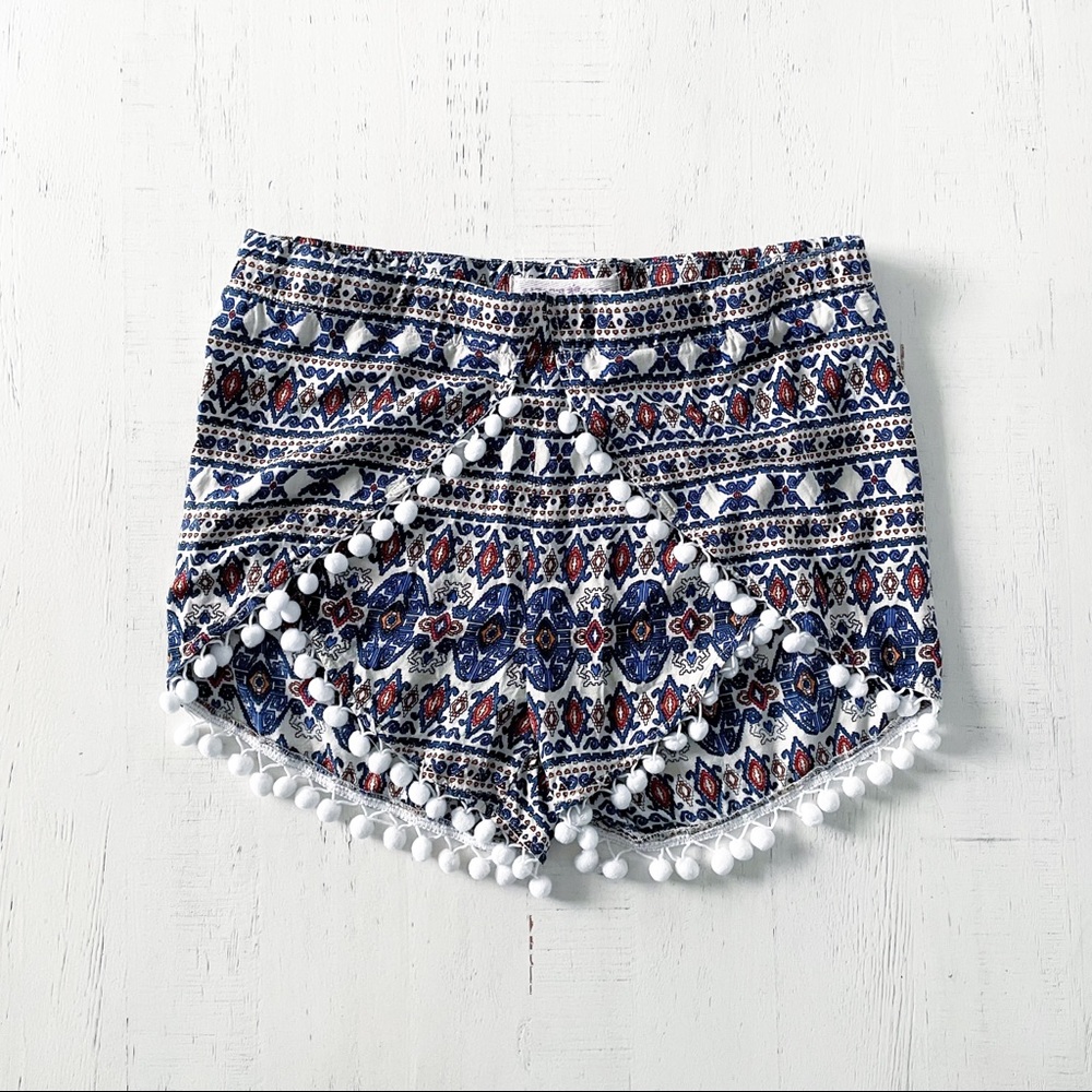 Altar’d State | High Waisted Boho Print Pom Pom Fringe Shorts